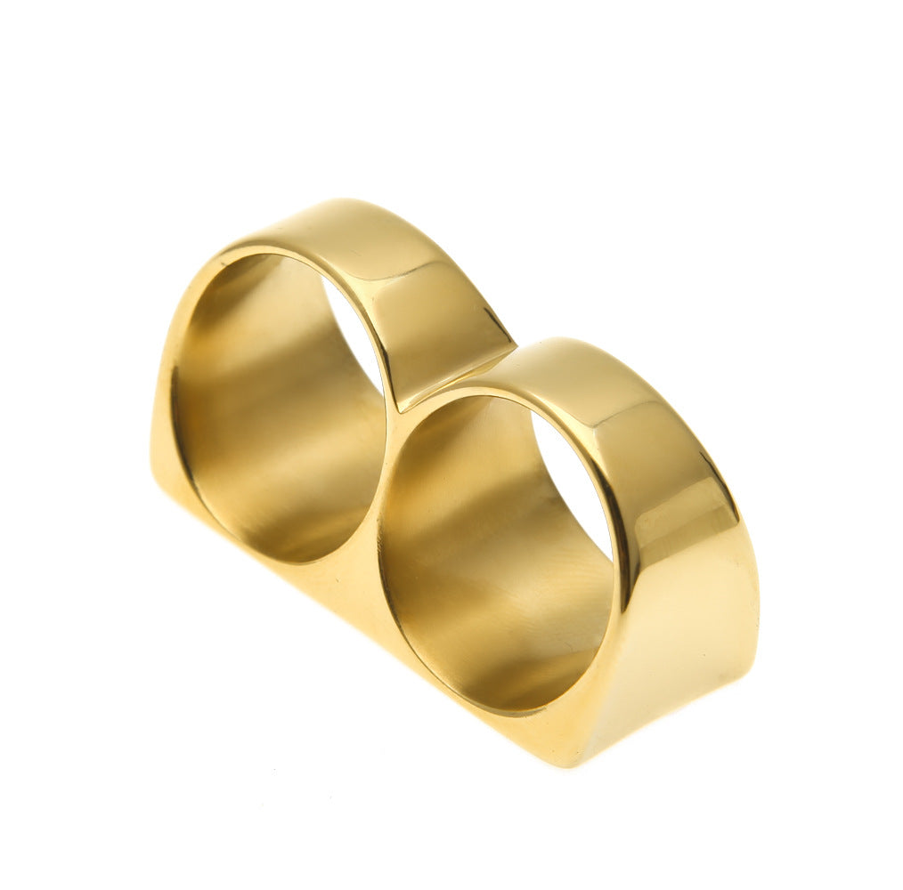 European and American Personalized Two-Finger Stainless Steel Ring Men's Hip-Hop Retro Punk Vacuum Electroplated Gold Ring Wholesale