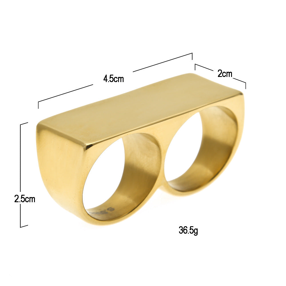European and American Personalized Two-Finger Stainless Steel Ring Men's Hip-Hop Retro Punk Vacuum Electroplated Gold Ring Wholesale