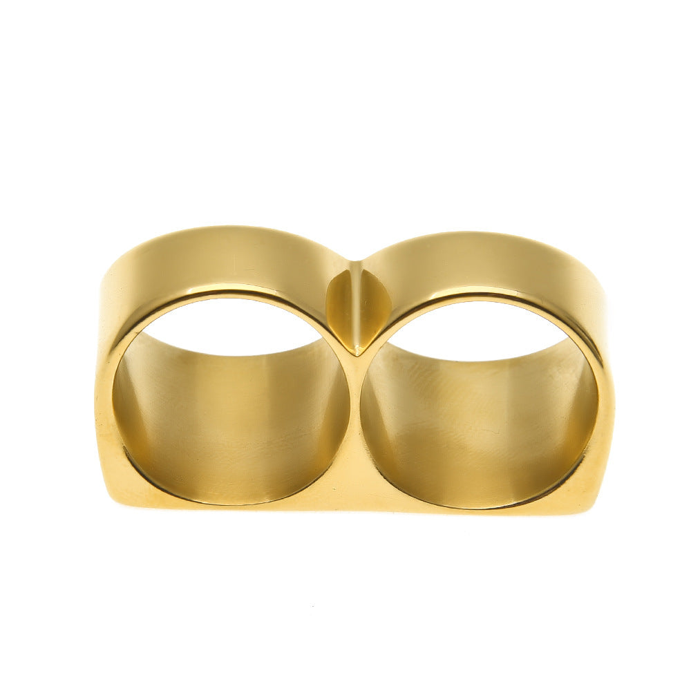 European and American Personalized Two-Finger Stainless Steel Ring Men's Hip-Hop Retro Punk Vacuum Electroplated Gold Ring Wholesale