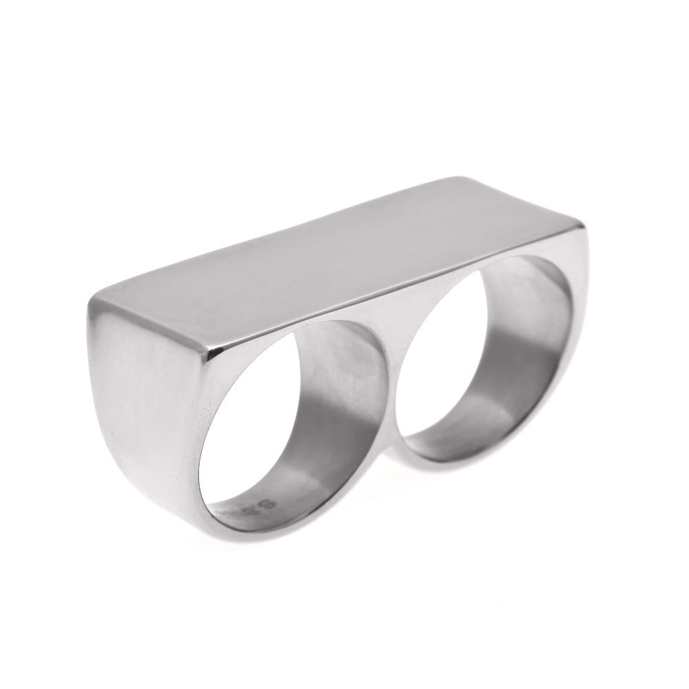 European and American Personalized Two-Finger Stainless Steel Ring Men's Hip-Hop Retro Punk Vacuum Electroplated Gold Ring Wholesale