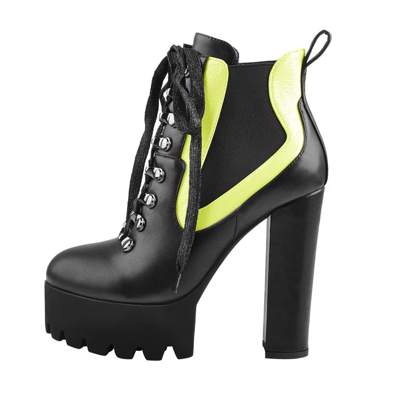 Onlymaker Women Platform Lace Up Ankle Boots Yellow Strappy Round Toe Chunky High Heel  Gift Booties