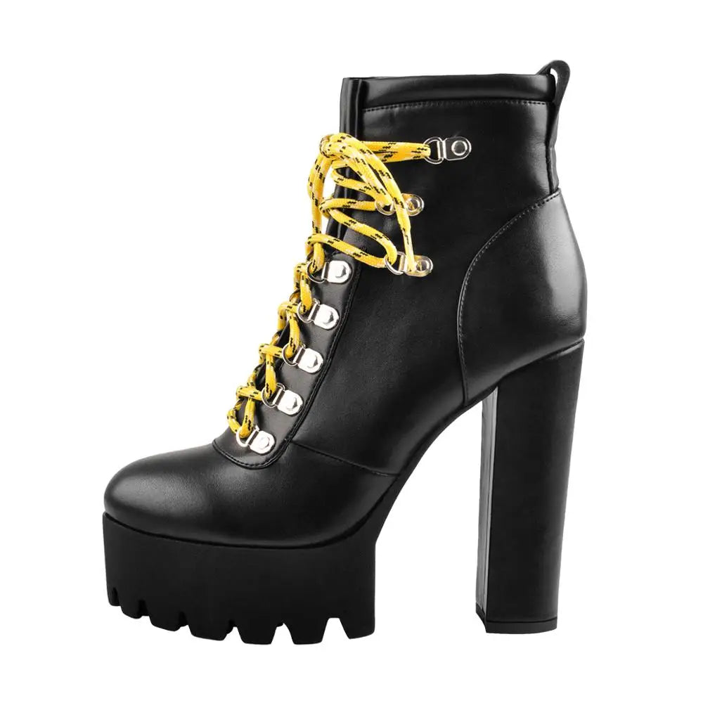 Onlymaker Women Platform Lace Up Ankle Boots Yellow Strappy Round Toe Chunky High Heel  Gift Booties