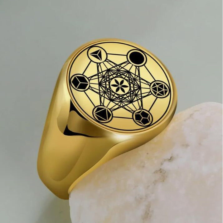 Cross Border Stainless Steel Ring Archangel Metatron Ring Cube Seal Stainless Steel Hexagonal Star Jewelry