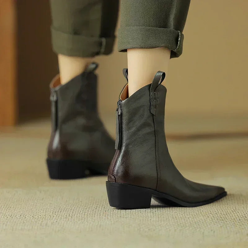 Autumn/winter Women Boots Genuine Leather Western Boots Women Shoes Pointed Toe Chunky Heel Chelsea Retro Ankle Boots