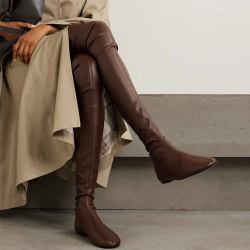 2025Autumn and Winter Fashion Women's Flat Knee Over Women's Boots Round Head Elastic Boots Women's 34-46 Large Thigh Boots