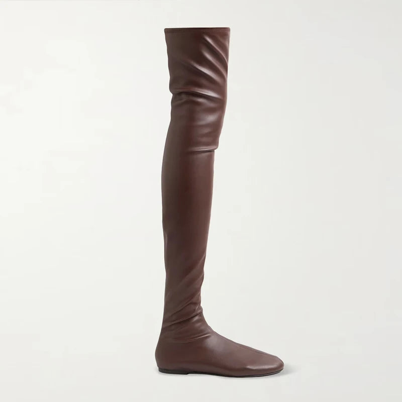 2025Autumn and Winter Fashion Women's Flat Knee Over Women's Boots Round Head Elastic Boots Women's 34-46 Large Thigh Boots