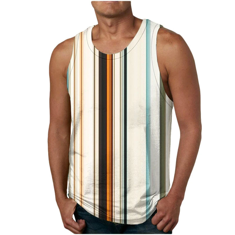 Retro Stripe Graphic Mens Tank Tops 3D Print Summer Breathable Sleeveless Vest Casual Popular Loose Quick Dry Street Sport Tees