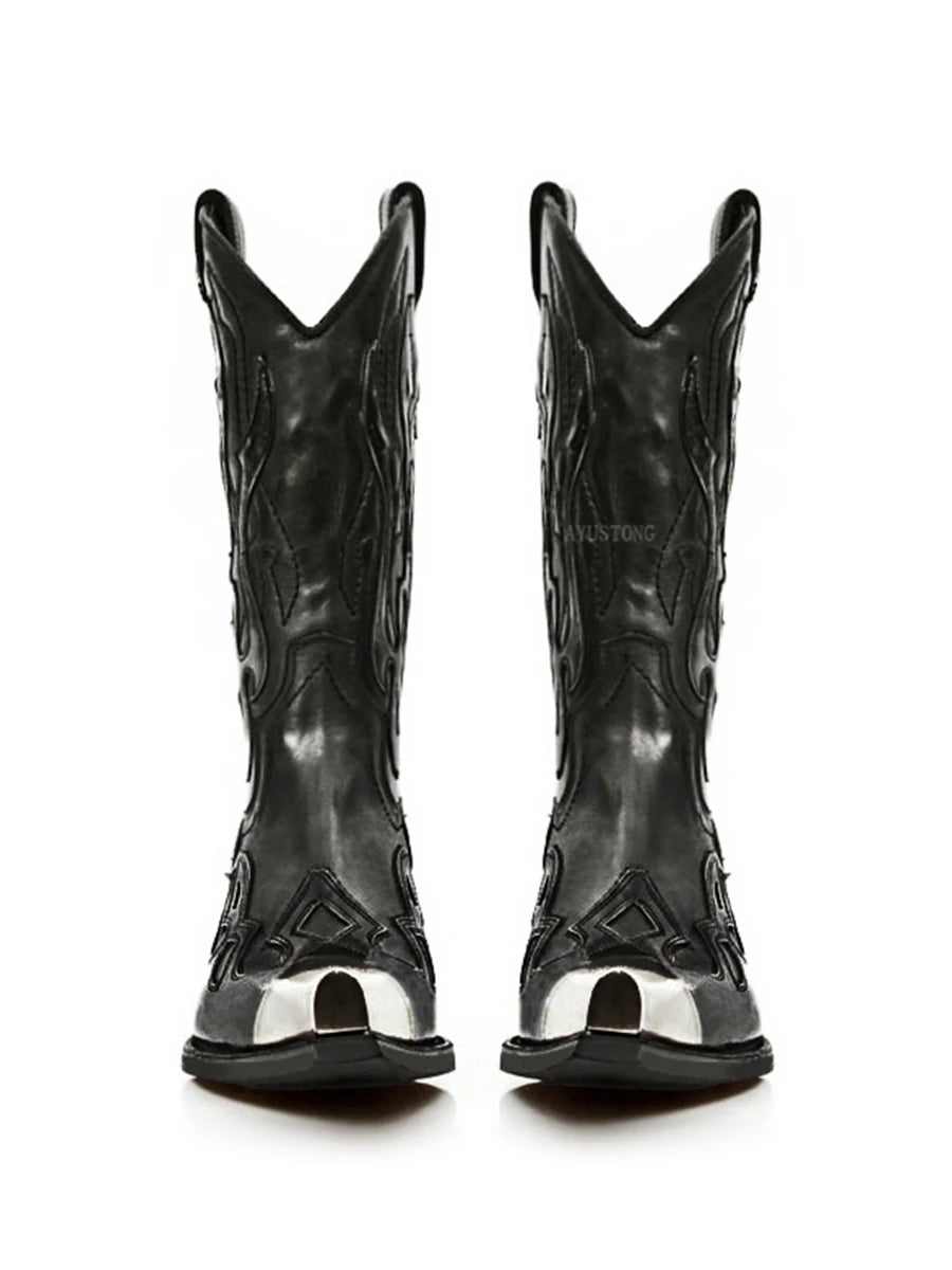 Retro Western Cowboy Boots Metallic Trim Pointed Chelsea Boots Chunky Heel Spice Girls Boots Men's and Women's