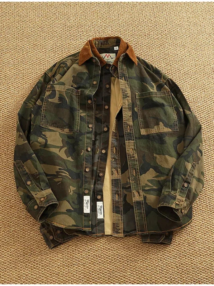 2025 Spring New American Retro Woven Twill Camouflage Cargo Shirt Men's 100% Cotton Washed Old Double Pocket Blouser Thin Jacket