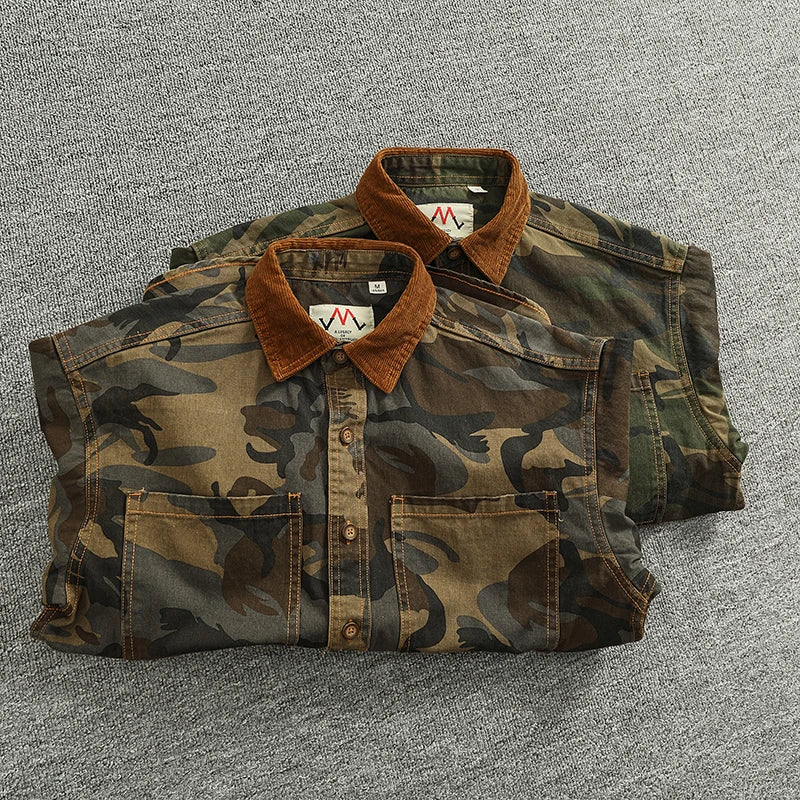 2025 Spring New American Retro Woven Twill Camouflage Cargo Shirt Men's 100% Cotton Washed Old Double Pocket Blouser Thin Jacket