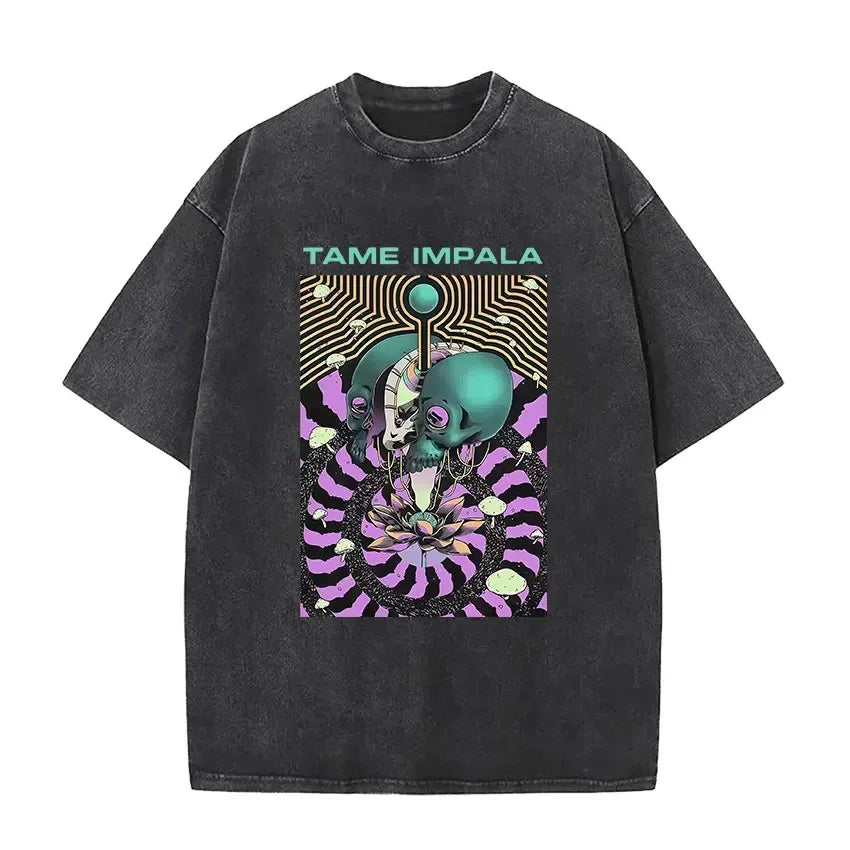 Mens Vintage Oversized Washed Short Sleeve T-shirt Tame Impala Rock Band Deadbeat Tour 2025 Album Hip Hop Fans Gift T-shirts