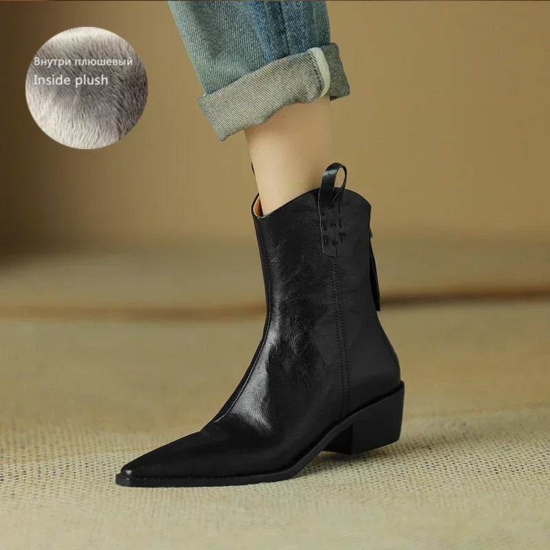 Autumn/winter Women Boots Genuine Leather Western Boots Women Shoes Pointed Toe Chunky Heel Chelsea Retro Ankle Boots