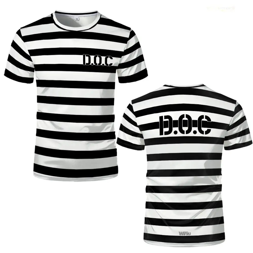 2026 New Prisoner Striped T-Shirt Black White Prison Theme Fun And Novel Short Sleeve Men's And Women's Party Cosplay Costumes