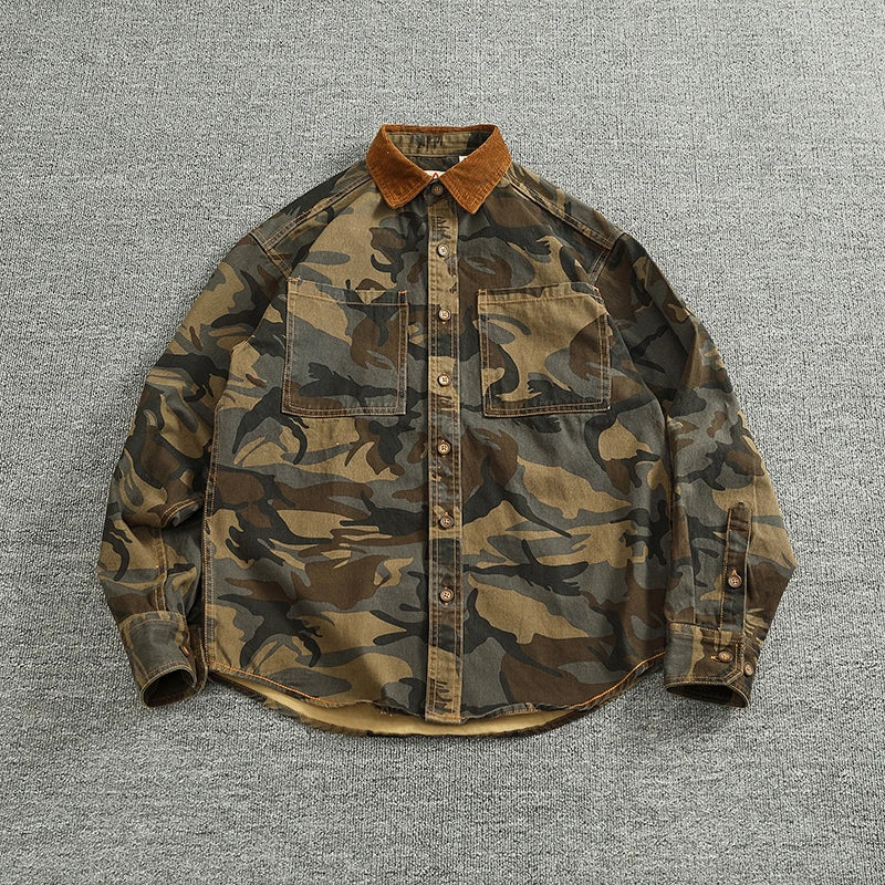 2025 Spring New American Retro Woven Twill Camouflage Cargo Shirt Men's 100% Cotton Washed Old Double Pocket Blouser Thin Jacket