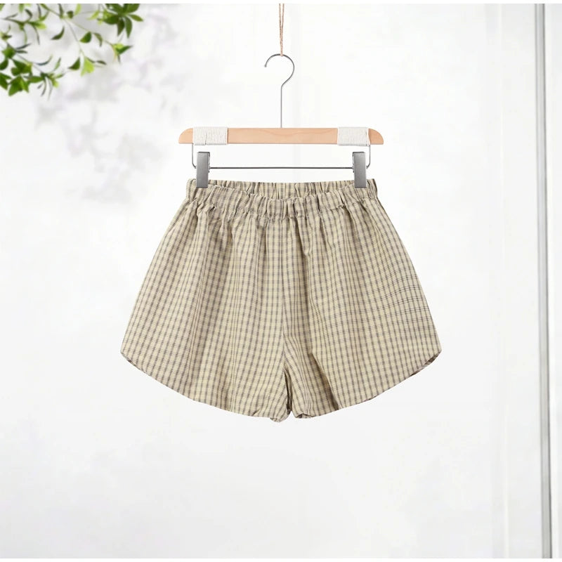 Loose Plaid Women's Shorts Set Casual Lapel Single Breasted Shirt Bubble Short Pants Outfit Female 2026 Spring Woman Streetwear