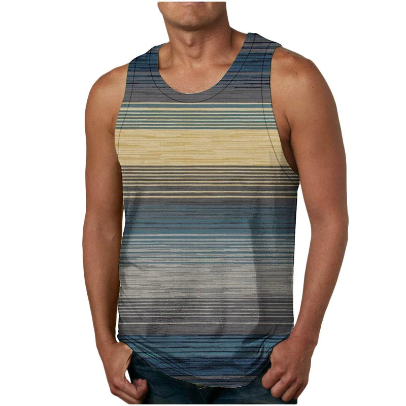 Retro Stripe Graphic Mens Tank Tops 3D Print Summer Breathable Sleeveless Vest Casual Popular Loose Quick Dry Street Sport Tees
