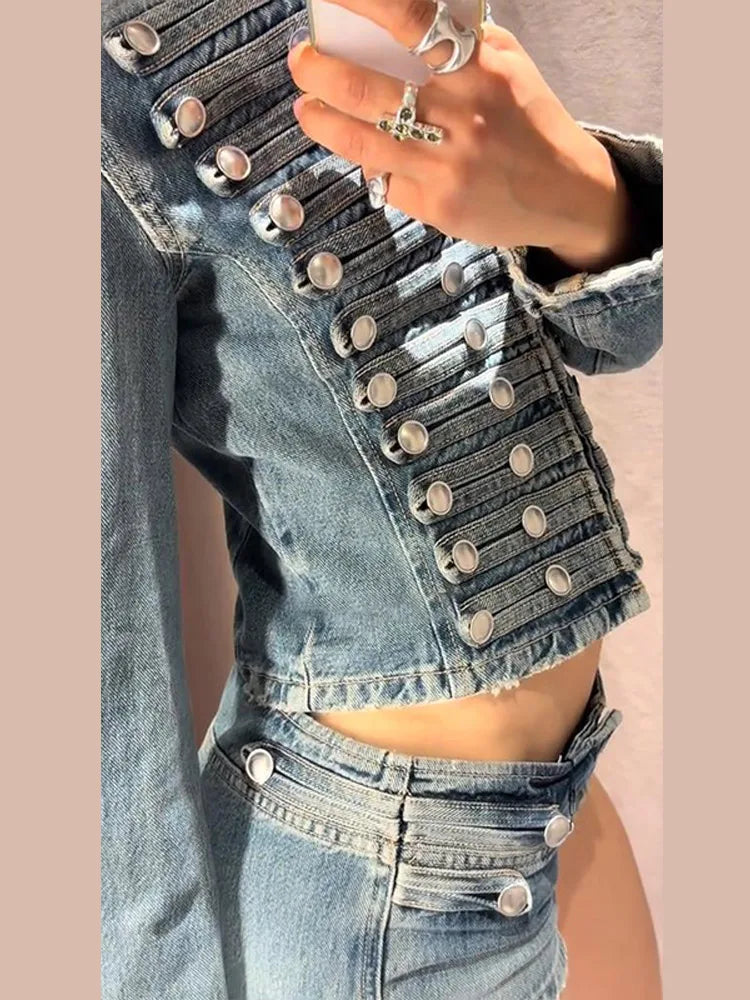 Retro Women Short Set Denim Cropped Metal Buttons Jacket Low Rise Denim Shorts High Street Casual Spring Two Piece Set For Lady