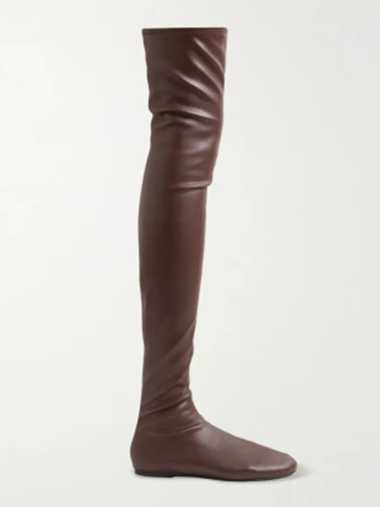 2025Autumn and Winter Fashion Women's Flat Knee Over Women's Boots Round Head Elastic Boots Women's 34-46 Large Thigh Boots