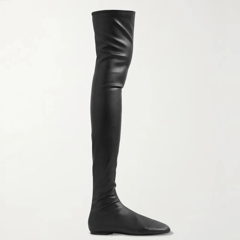 2025Autumn and Winter Fashion Women's Flat Knee Over Women's Boots Round Head Elastic Boots Women's 34-46 Large Thigh Boots