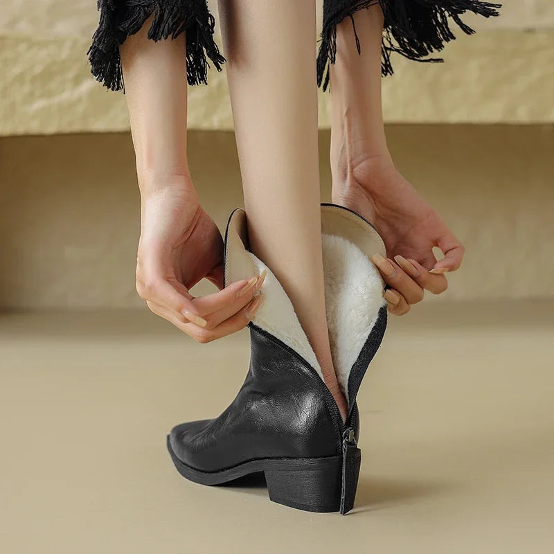 Autumn/winter Women Boots Genuine Leather Western Boots Women Shoes Pointed Toe Chunky Heel Chelsea Retro Ankle Boots