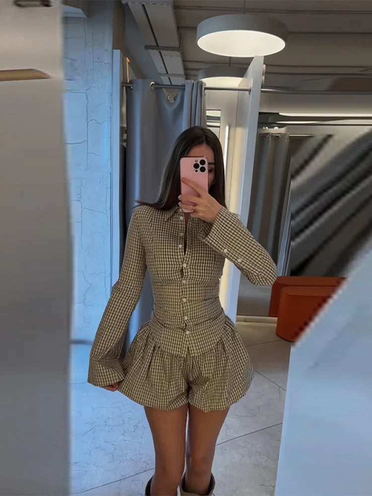Loose Plaid Women's Shorts Set Casual Lapel Single Breasted Shirt Bubble Short Pants Outfit Female 2026 Spring Woman Streetwear