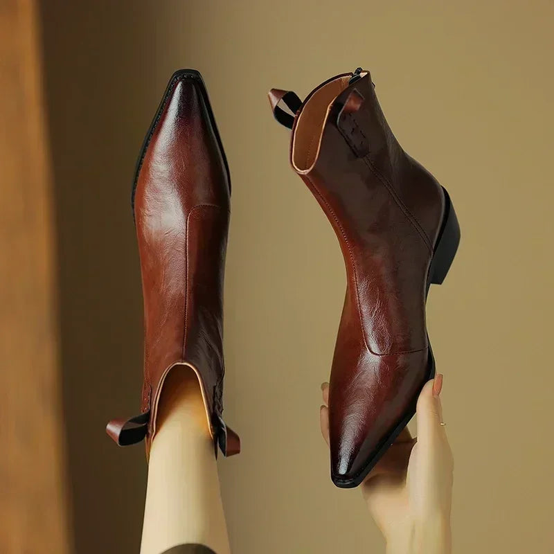 Autumn/winter Women Boots Genuine Leather Western Boots Women Shoes Pointed Toe Chunky Heel Chelsea Retro Ankle Boots