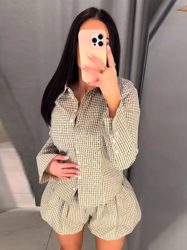 Loose Plaid Women's Shorts Set Casual Lapel Single Breasted Shirt Bubble Short Pants Outfit Female 2026 Spring Woman Streetwear
