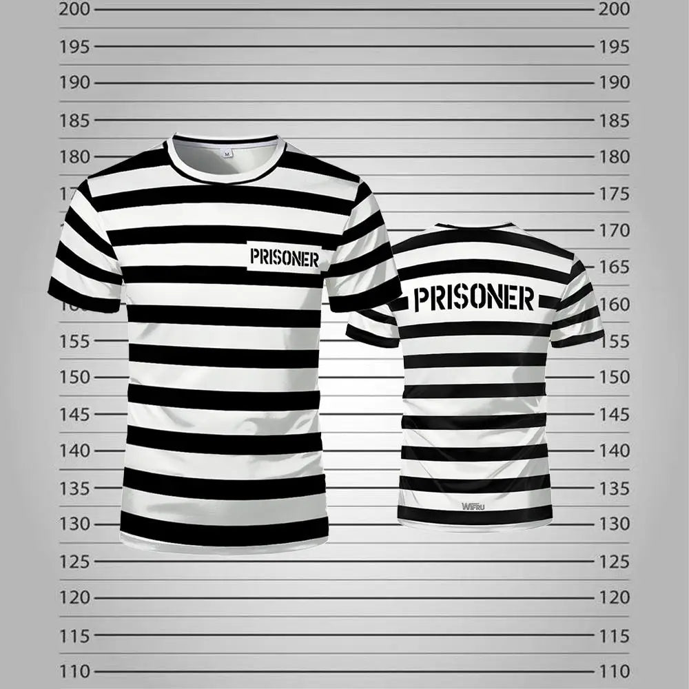 2026 New Prisoner Striped T-Shirt Black White Prison Theme Fun And Novel Short Sleeve Men's And Women's Party Cosplay Costumes