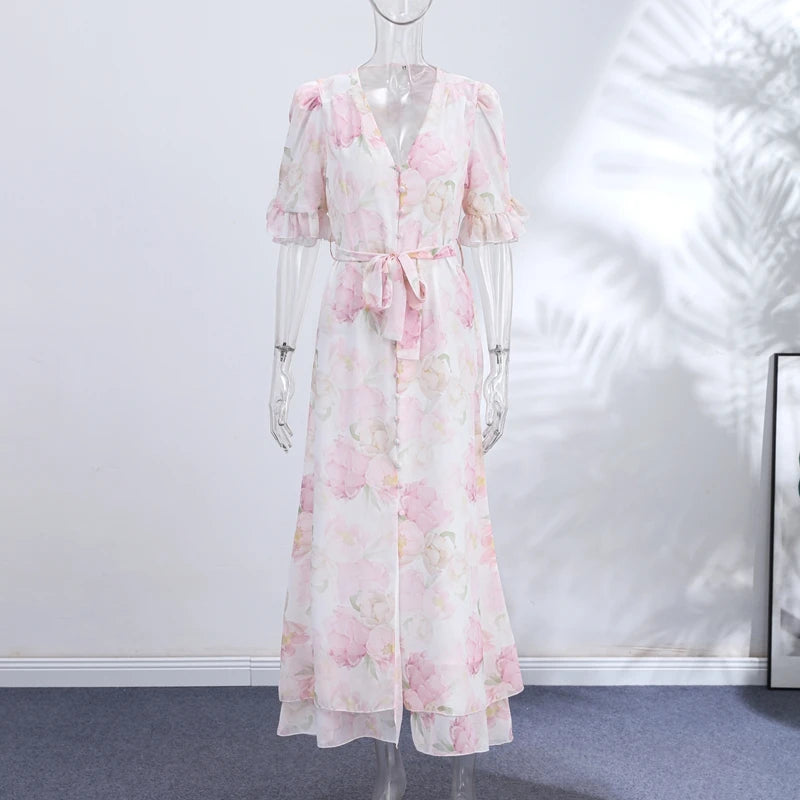 Floral Printed Pleated V-Neck Mini Dress Slim Fit Ruched Puff Sleeve 2026 Summer Women Party Outfit Romantic Retro Lady Vestidos