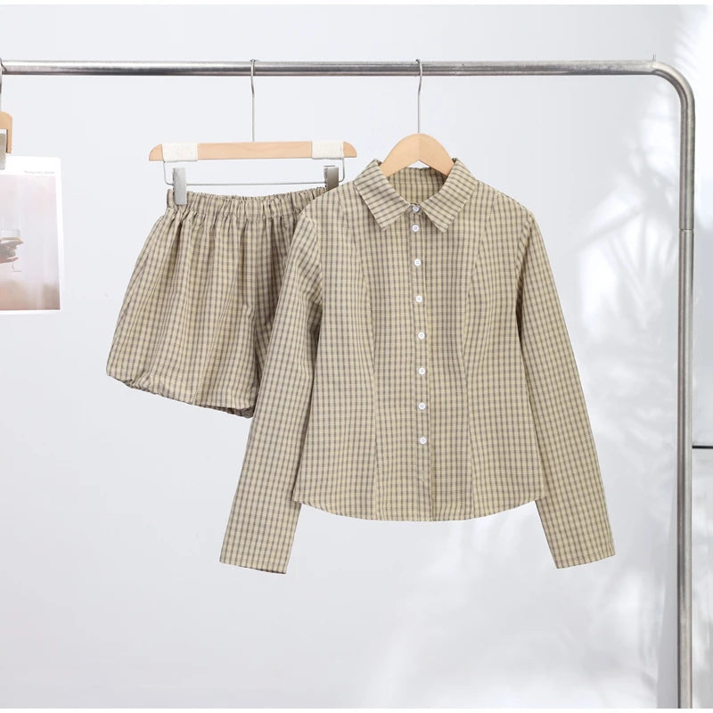 Loose Plaid Women's Shorts Set Casual Lapel Single Breasted Shirt Bubble Short Pants Outfit Female 2026 Spring Woman Streetwear