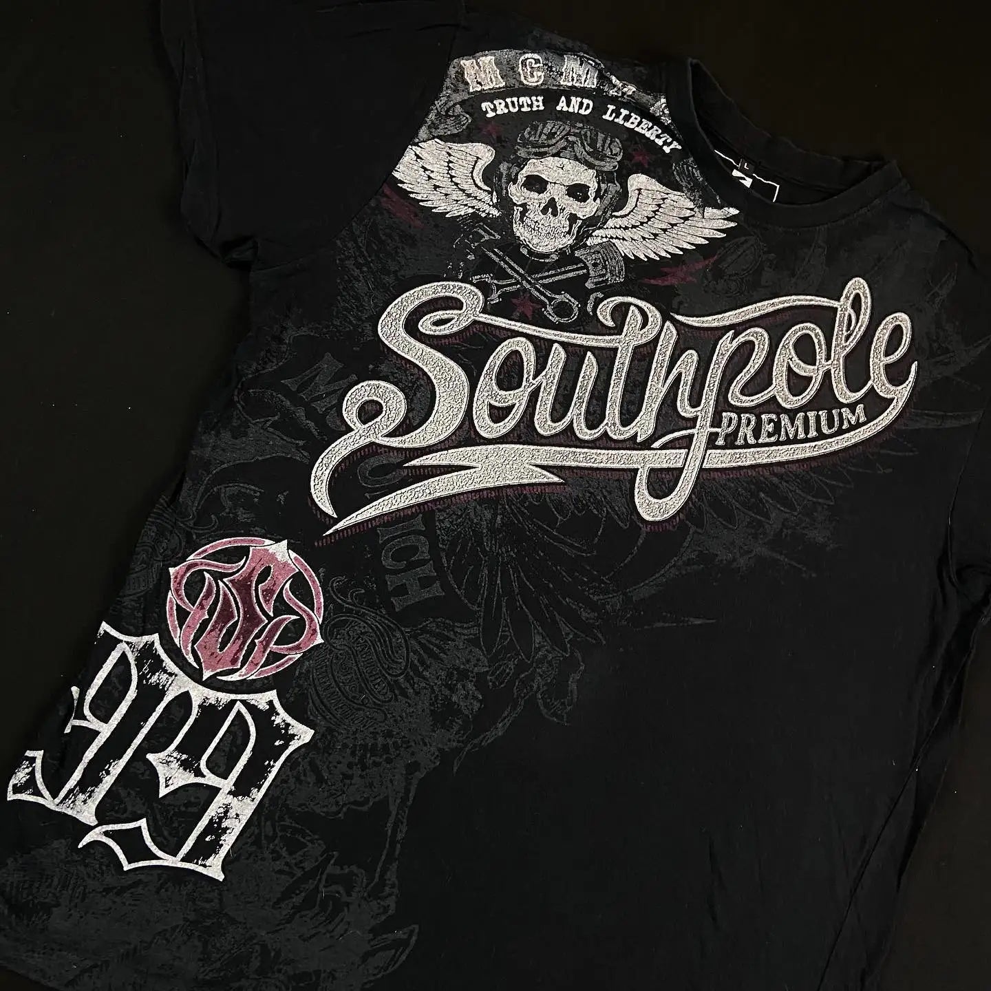 Street Style Southpole Mens Gothic Dark Theme Vintage Grunge Fashion Short Sleeves Oversized Print Comfort Baggy Fit Men Women