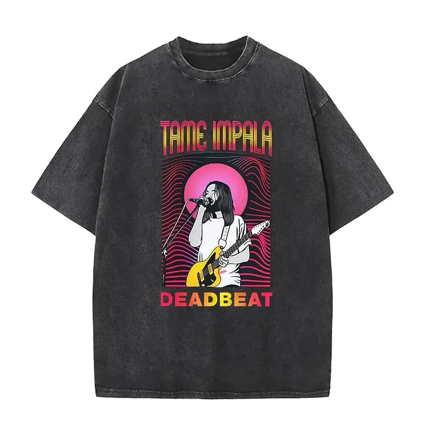 Mens Vintage Oversized Washed Short Sleeve T-shirt Tame Impala Rock Band Deadbeat Tour 2025 Album Hip Hop Fans Gift T-shirts
