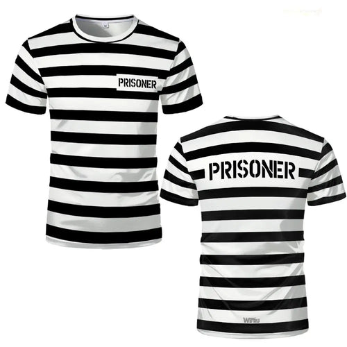 2026 New Prisoner Striped T-Shirt Black White Prison Theme Fun And Novel Short Sleeve Men's And Women's Party Cosplay Costumes