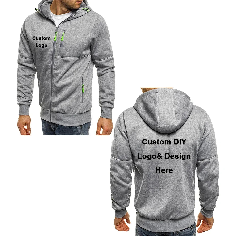Men's Hooded Jacket with Pocket Zipper, Customized Image Text with Personalized Logo, Casual Sports Streetwear, Men's Wool Sweat
