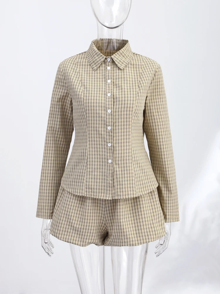 Loose Plaid Women's Shorts Set Casual Lapel Single Breasted Shirt Bubble Short Pants Outfit Female 2026 Spring Woman Streetwear