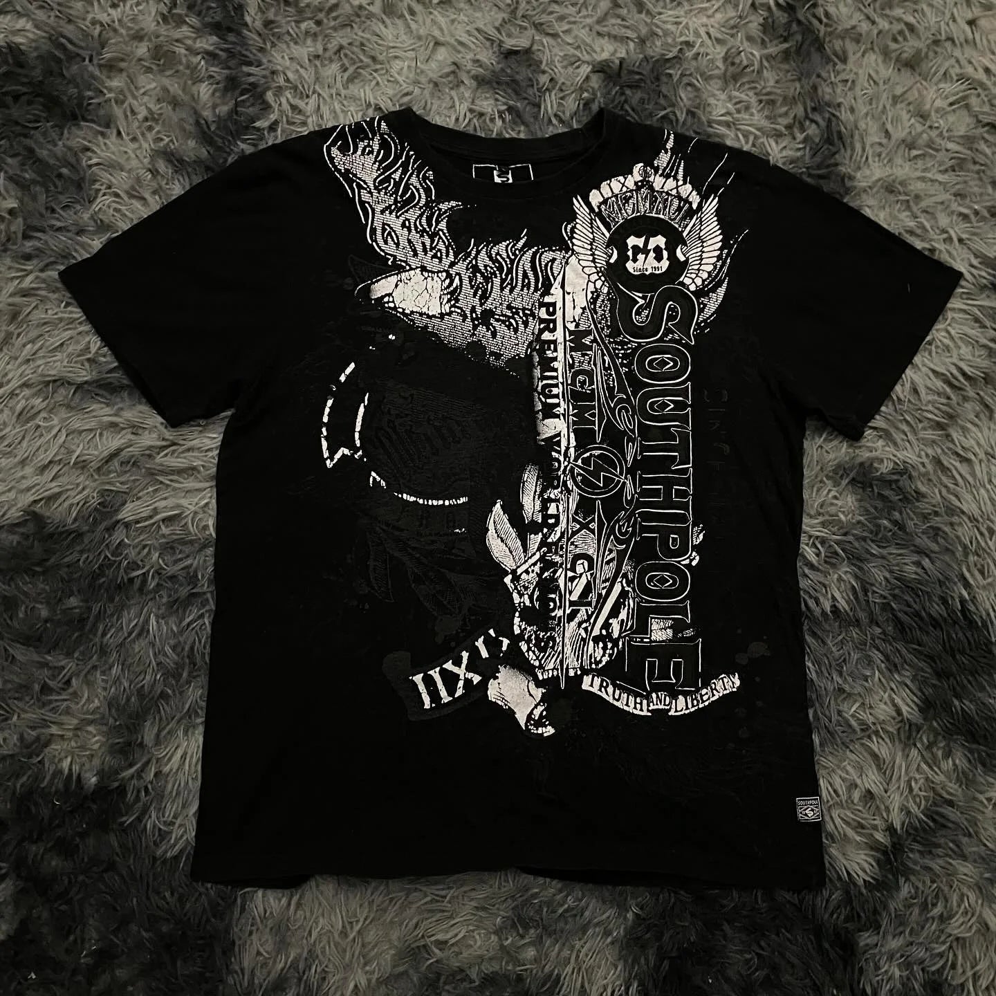Street Style Southpole Mens Gothic Dark Theme Vintage Grunge Fashion Short Sleeves Oversized Print Comfort Baggy Fit Men Women