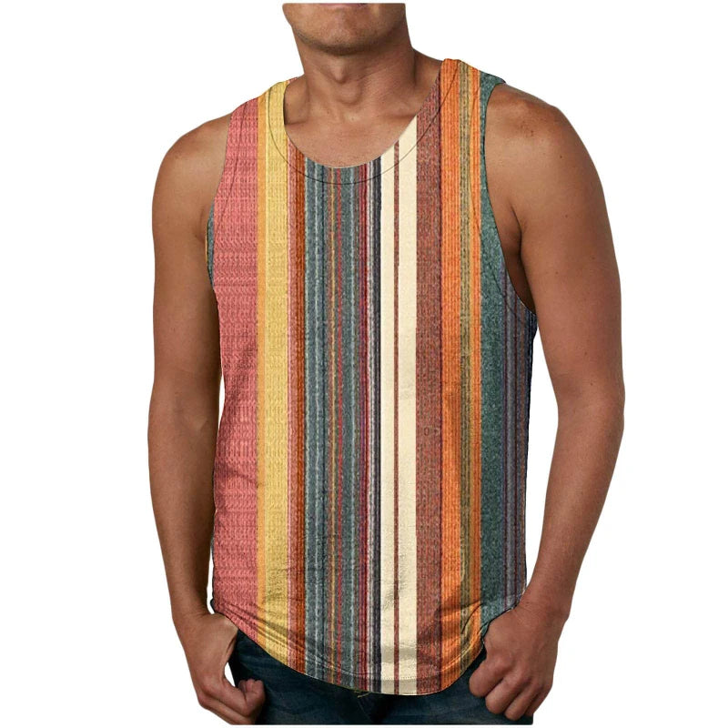 Retro Stripe Graphic Mens Tank Tops 3D Print Summer Breathable Sleeveless Vest Casual Popular Loose Quick Dry Street Sport Tees