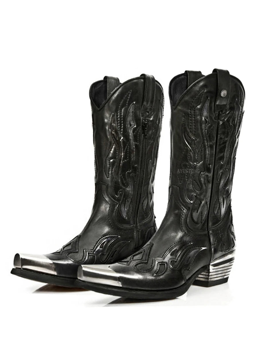 Retro Western Cowboy Boots Metallic Trim Pointed Chelsea Boots Chunky Heel Spice Girls Boots Men's and Women's