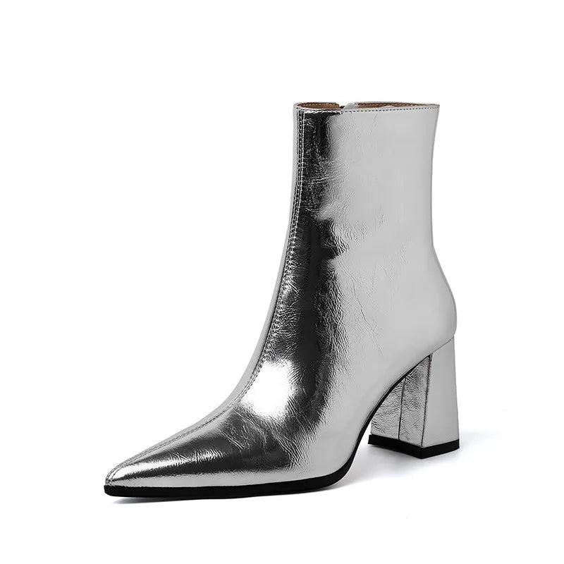 Women's Fashion Chunky Single Boots Fall New Pointy Bright Side Zipper Comfortable High Heel Ankle Boots
