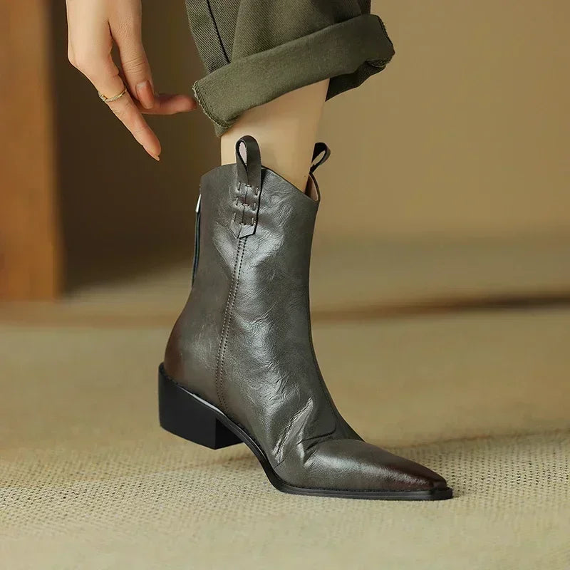 Autumn/winter Women Boots Genuine Leather Western Boots Women Shoes Pointed Toe Chunky Heel Chelsea Retro Ankle Boots