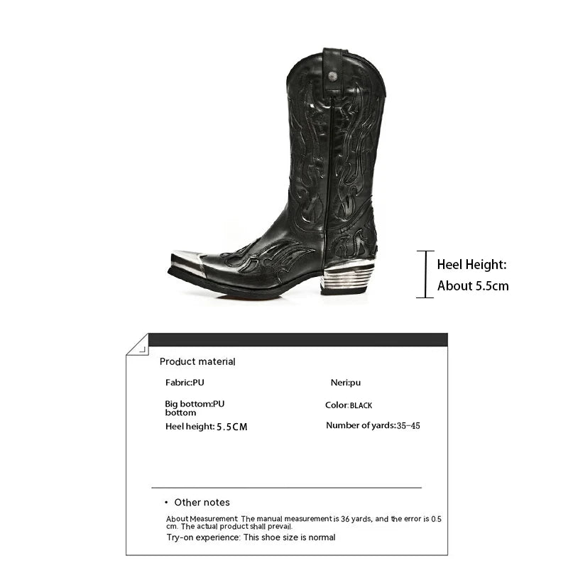 Retro Western Cowboy Boots Metallic Trim Pointed Chelsea Boots Chunky Heel Spice Girls Boots Men's and Women's