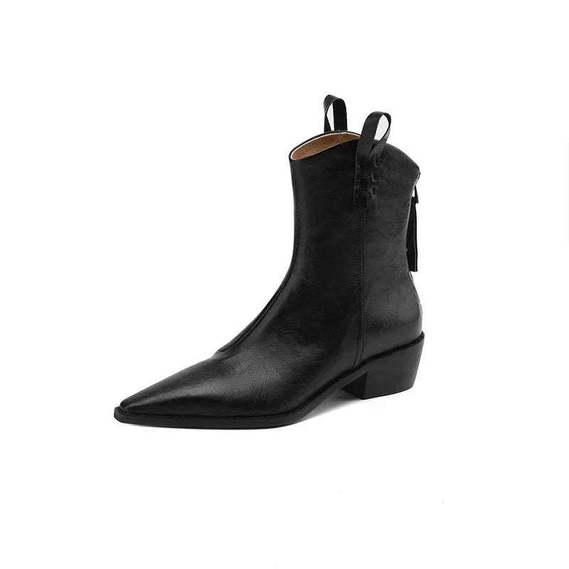 Autumn/winter Women Boots Genuine Leather Western Boots Women Shoes Pointed Toe Chunky Heel Chelsea Retro Ankle Boots