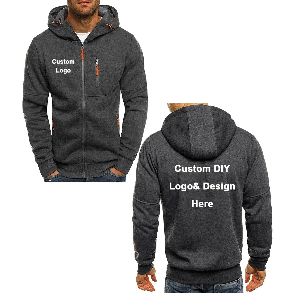 Men's Hooded Jacket with Pocket Zipper, Customized Image Text with Personalized Logo, Casual Sports Streetwear, Men's Wool Sweat