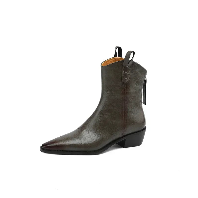Autumn/winter Women Boots Genuine Leather Western Boots Women Shoes Pointed Toe Chunky Heel Chelsea Retro Ankle Boots
