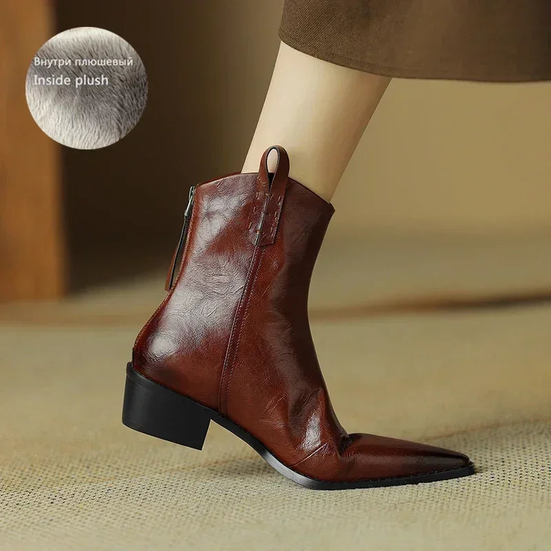 Autumn/winter Women Boots Genuine Leather Western Boots Women Shoes Pointed Toe Chunky Heel Chelsea Retro Ankle Boots