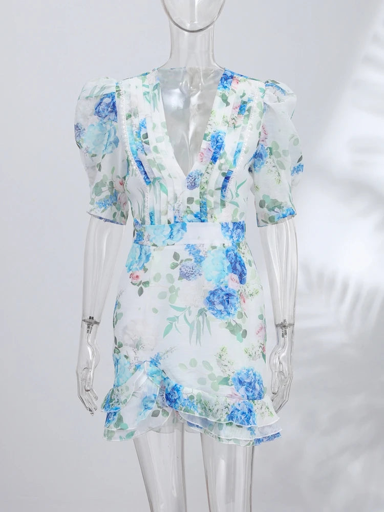 Floral Printed Pleated V-Neck Mini Dress Slim Fit Ruched Puff Sleeve 2026 Summer Women Party Outfit Romantic Retro Lady Vestidos