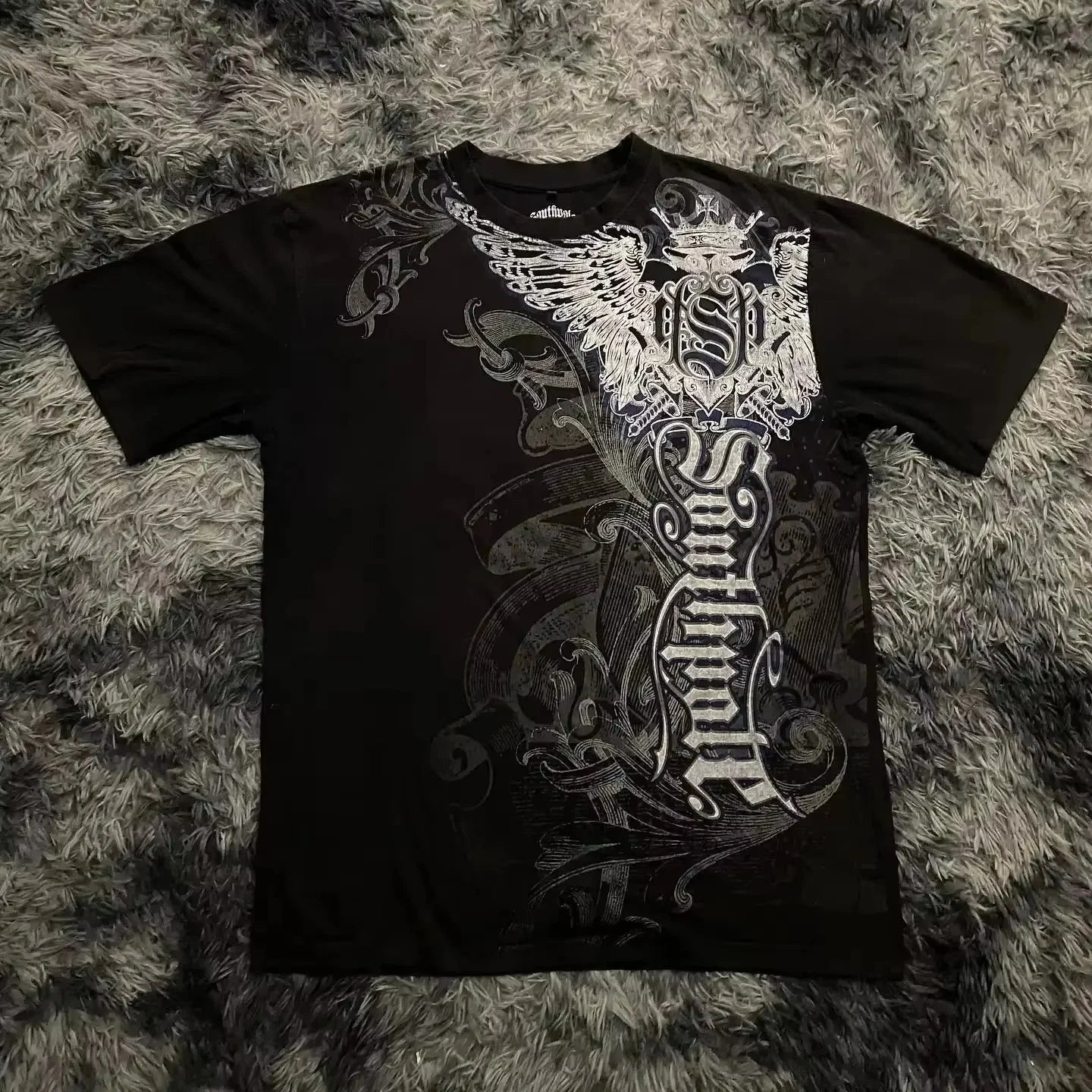 Street Style Southpole Mens Gothic Dark Theme Vintage Grunge Fashion Short Sleeves Oversized Print Comfort Baggy Fit Men Women