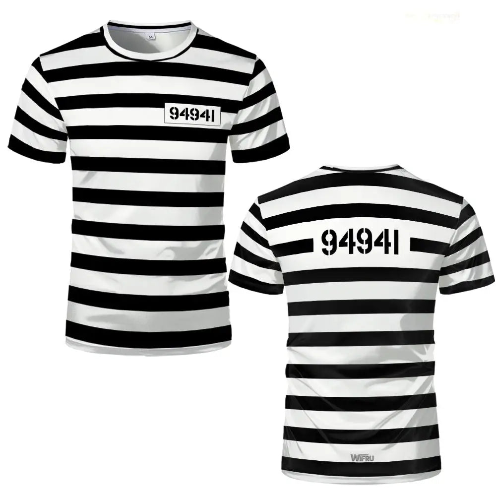 2026 New Prisoner Striped T-Shirt Black White Prison Theme Fun And Novel Short Sleeve Men's And Women's Party Cosplay Costumes