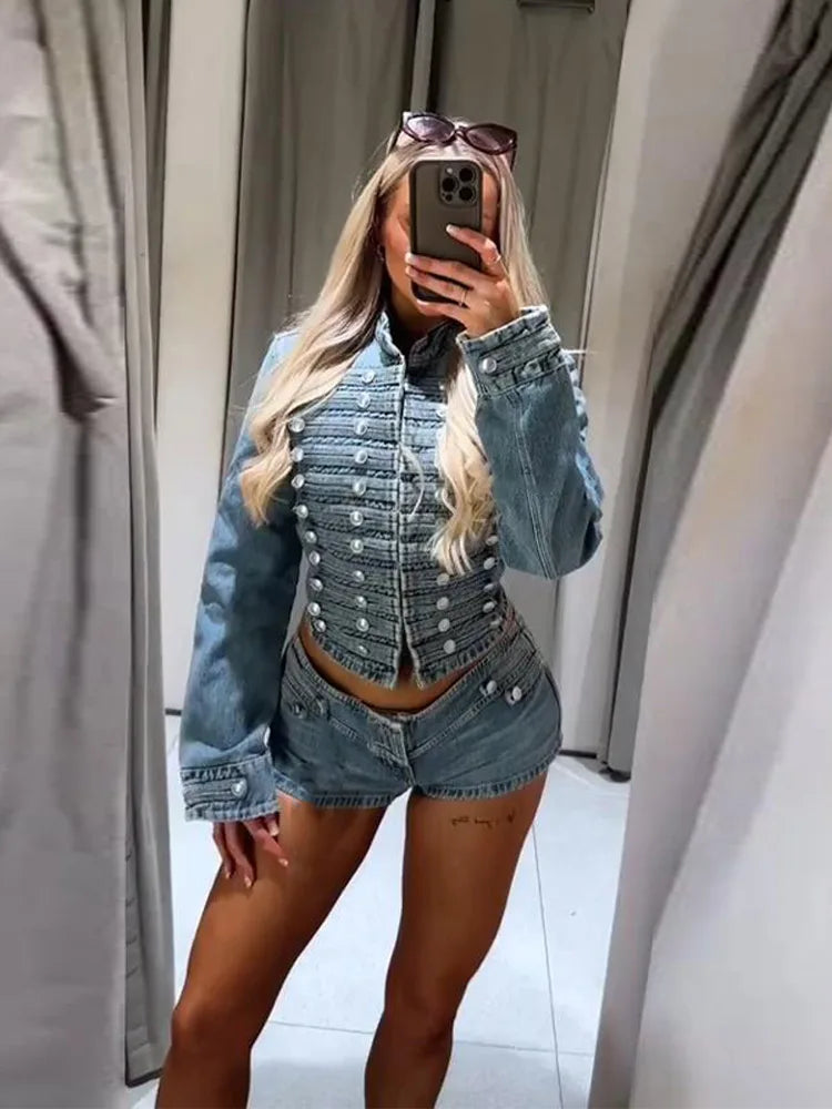 Retro Women Short Set Denim Cropped Metal Buttons Jacket Low Rise Denim Shorts High Street Casual Spring Two Piece Set For Lady