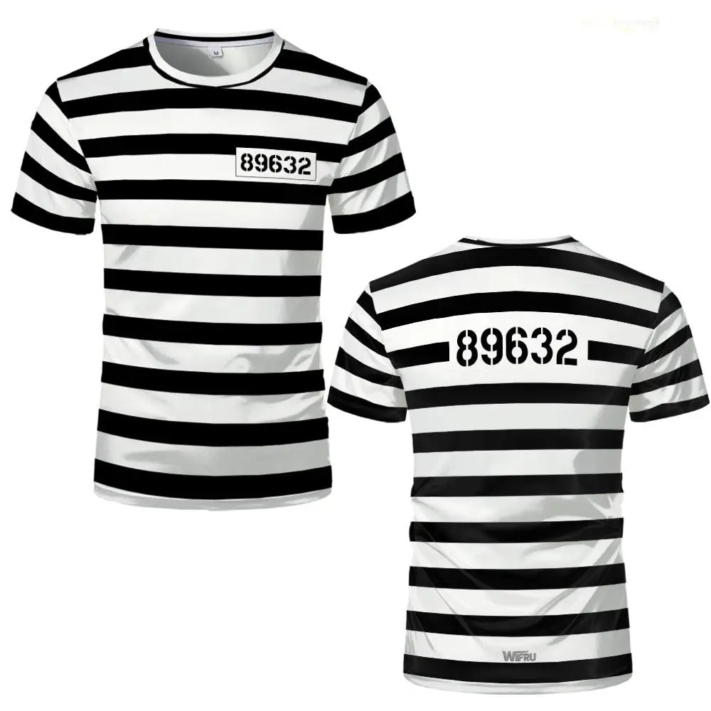 2026 New Prisoner Striped T-Shirt Black White Prison Theme Fun And Novel Short Sleeve Men's And Women's Party Cosplay Costumes